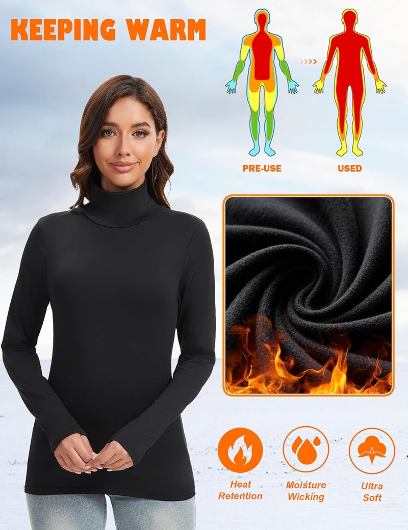 Kinglaman 5 Pack Turtleneck Thermal Shirts for Women, Turtle Neck Long Sleeve Fleece Lined Base Layer Underwear Tops - Image 2